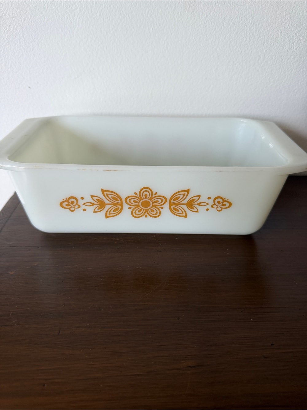 Pyrex Gold Butterfly Loaf Pan with Gold Floral Pattern